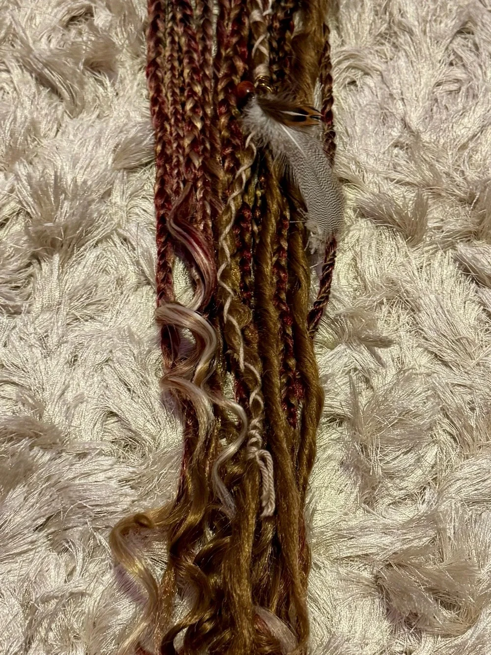 Hand-Braided Hair Extensions with Feathers and Beads - Brown & Burgundy